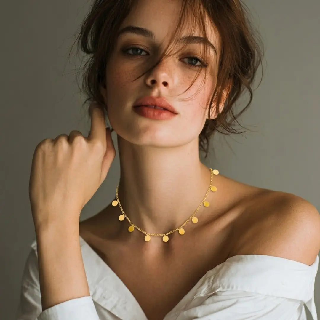 18K Gold Filled Multi-Disc Station Necklace – Dainty Round Circles Choker & Layering Necklace for Women
